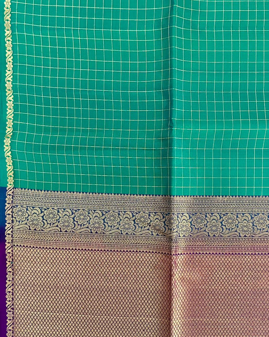Bottle Green Handloom Soft Silk Saree with Checks, Contrast Purple Pallu & Piping Border