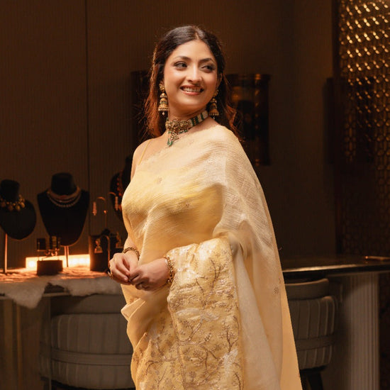 Women in Yellow Crush Tissue Saree