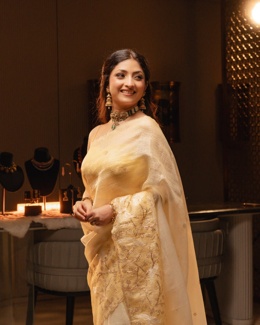 Women in Yellow Crush Tissue Saree