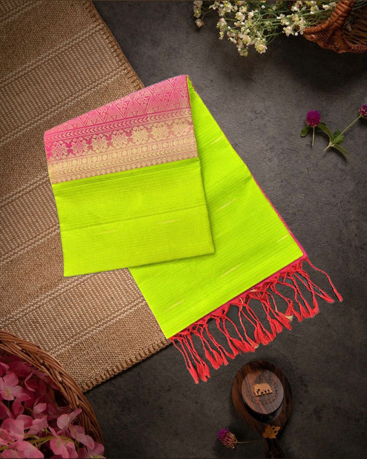 Lemon Green Handloom Soft Silk Saree with Zari Stripes, Contrast Pink Border & Rich Pallu