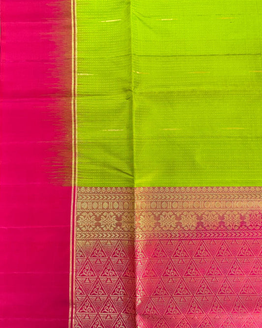 Lemon Green Handloom Soft Silk Saree with Zari Stripes, Contrast Pink Border & Rich Pallu