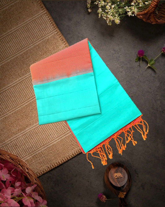 Turquoise Blue Handloom Soft Silk Saree with Contrast Orange Border & Rich Pallu