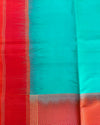Turquoise Blue Handloom Soft Silk Saree with Contrast Orange Border & Rich Pallu