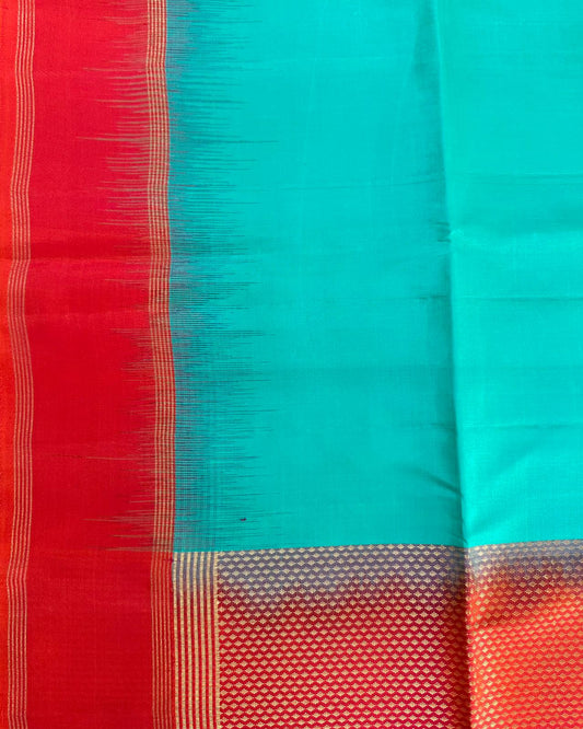 Turquoise Blue Handloom Soft Silk Saree with Contrast Orange Border & Rich Pallu