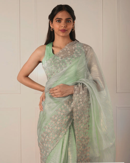 Nuraani – Green Tissue Saree with Floral Thread Embroidery & Sequin Accents