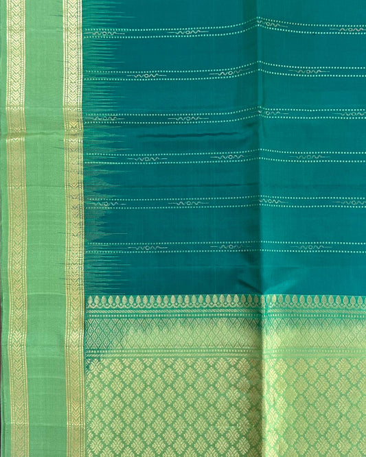Indigo Blue Handloom Soft Silk Saree with Contemporary Stripes, Contrast Pastel Green Border & Rich Pallu