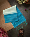 Indigo Blue Handloom Soft Silk Saree with Contemporary Stripes, Contrast Pastel Green Border & Rich Pallu