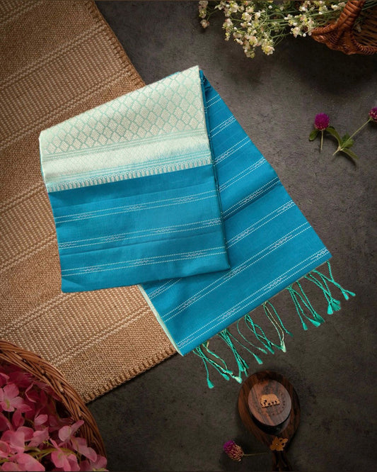 Indigo Blue Handloom Soft Silk Saree with Contemporary Stripes, Contrast Pastel Green Border & Rich Pallu