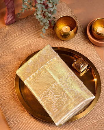 Ivory & Gold Pure Silk Saree with Floral Buttis, Statement Border & Rich Pallu