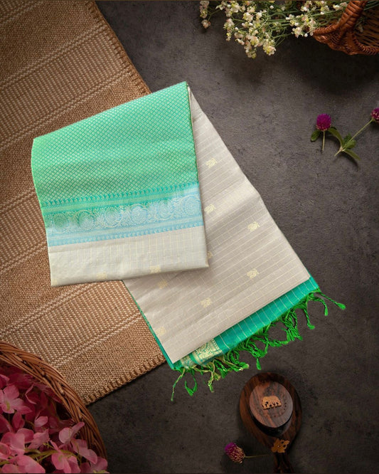 Silver Handloom Soft Silk Saree with Checks, Peacock Buttis, Contrast Green Pallu & Border
