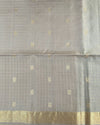 Silver Handloom Soft Silk Saree with Checks, Peacock Buttis, Contrast Green Pallu & Border