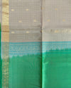 Silver Handloom Soft Silk Saree with Checks, Peacock Buttis, Contrast Green Pallu & Border