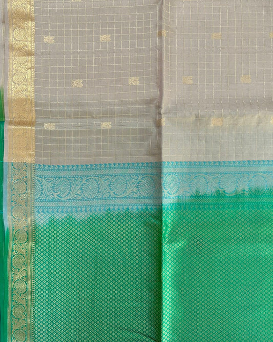 Silver Handloom Soft Silk Saree with Checks, Peacock Buttis, Contrast Green Pallu & Border