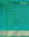 Silver Handloom Soft Silk Saree with Checks, Peacock Buttis, Contrast Green Pallu & Border