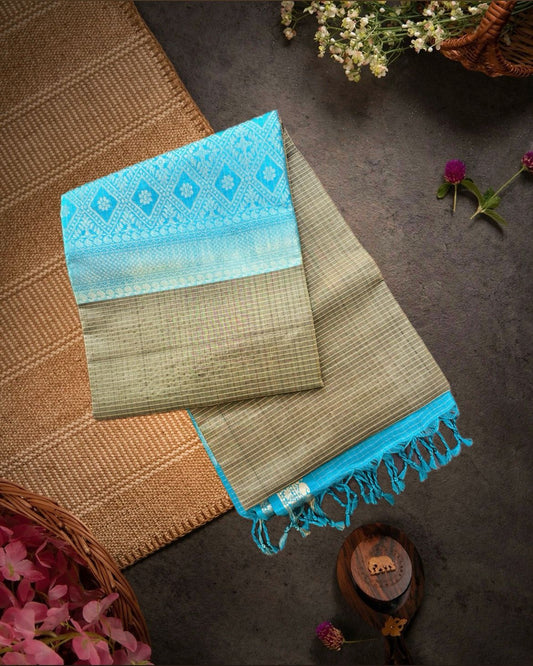 Green Checks Handloom Soft Silk Saree with Contrast Blue Pallu