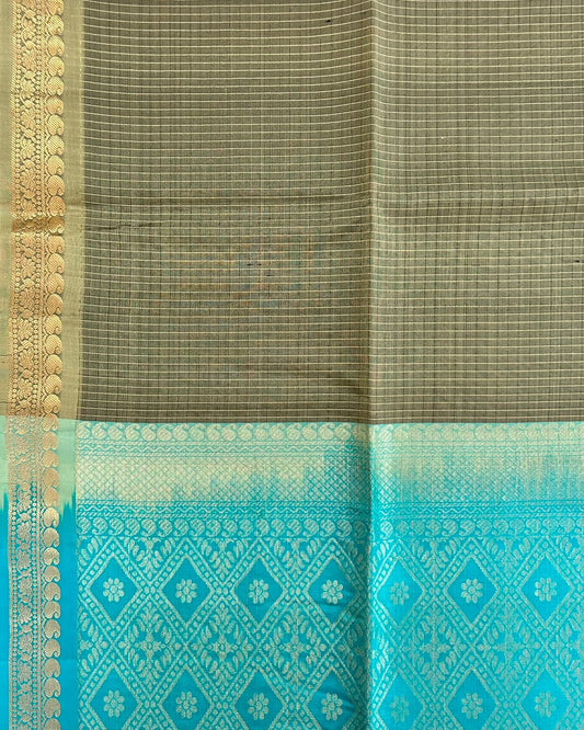 Green Checks Handloom Soft Silk Saree with Contrast Blue Pallu