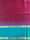 Maroon Checks Handloom Soft Silk Saree with Contrast Blue-Green Border & Pallu
