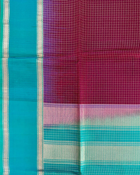 Maroon Checks Handloom Soft Silk Saree with Contrast Blue-Green Border & Pallu