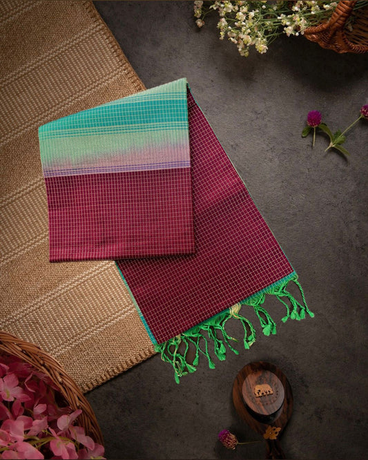 Maroon Checks Handloom Soft Silk Saree with Contrast Blue-Green Border & Pallu