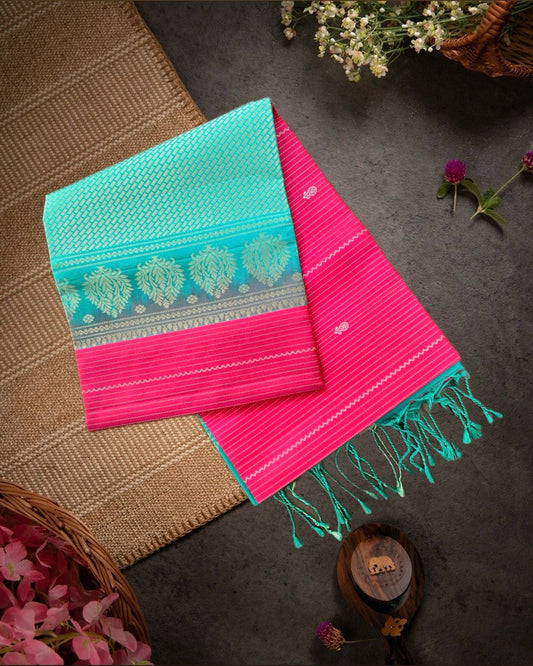Red Striped Handloom Soft Silk Saree with Buttis & Contrast Blue Border & Pallu