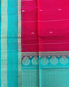 Red Striped Handloom Soft Silk Saree with Buttis & Contrast Blue Border & Pallu