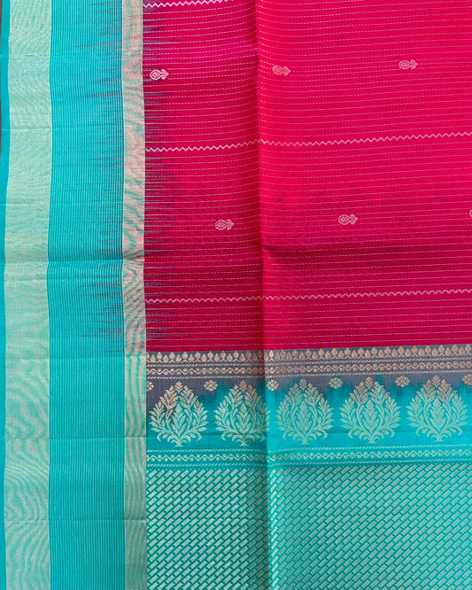 Red Striped Handloom Soft Silk Saree with Buttis & Contrast Blue Border & Pallu