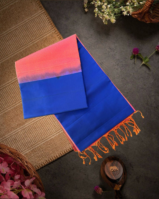 Indigo Handloom Soft Silk Saree with Contrast Orange Border & Pallu