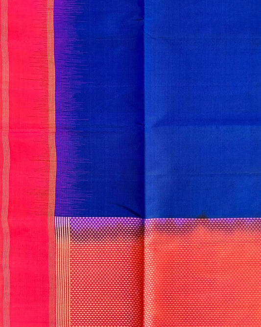 Indigo Handloom Soft Silk Saree with Contrast Orange Border & Pallu