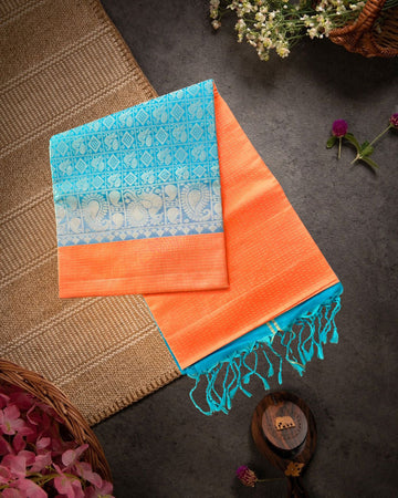 Peach Handloom Soft Silk Saree with Contrast Blue Border & Pallu