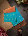 Blue Checks Handloom Soft Silk Saree with Buttis, Piping Border & Contrast Orange Pallu