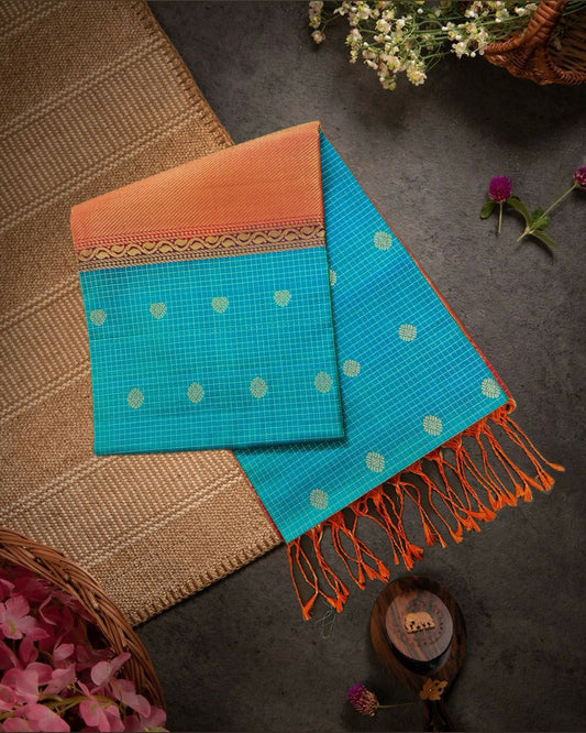 Blue Checks Handloom Soft Silk Saree with Buttis, Piping Border & Contrast Orange Pallu