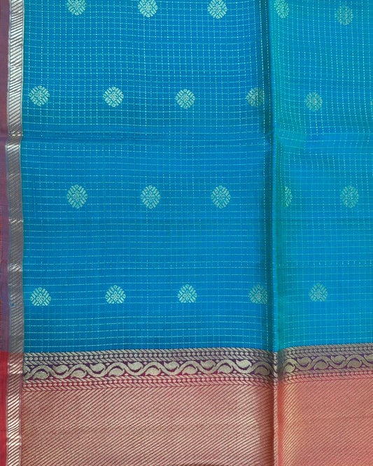 Blue Checks Handloom Soft Silk Saree with Buttis, Piping Border & Contrast Orange Pallu