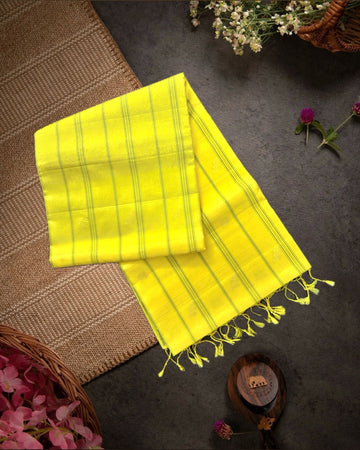Yellow Handloom Soft Silk Saree with Floral Buttis & Grey-Tinted Blouse