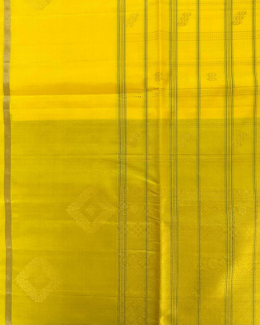 Yellow Handloom Soft Silk Saree with Floral Buttis & Grey-Tinted Blouse