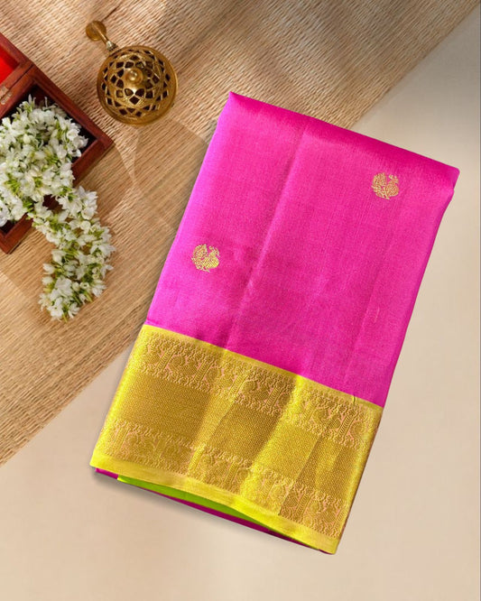 Pink Silk Saree with Peacock Buttis, Contrast Green Border & Pallu