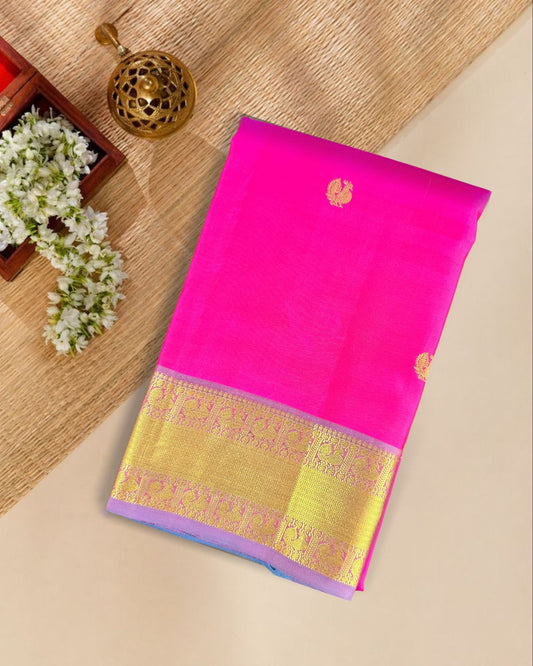 Pink Silk Saree with Peacock Buttis, Purple-Grey Border & Pallu