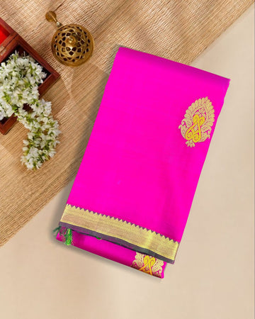 Pink Silk Saree with Traditional Motifs, Contrast Green Pallu & Blouse