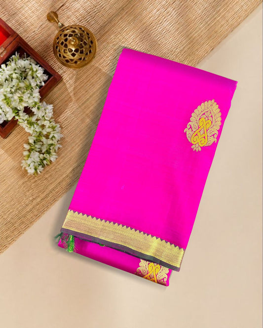 Pink Silk Saree with Traditional Motifs, Contrast Green Pallu & Blouse