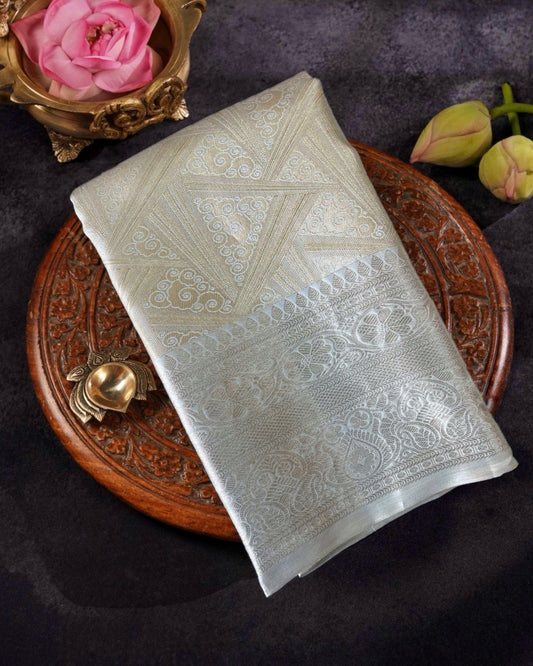 Silver Kanchivaram Silk Saree with Light Blue Triangular Zari Motifs & Rich Pallu