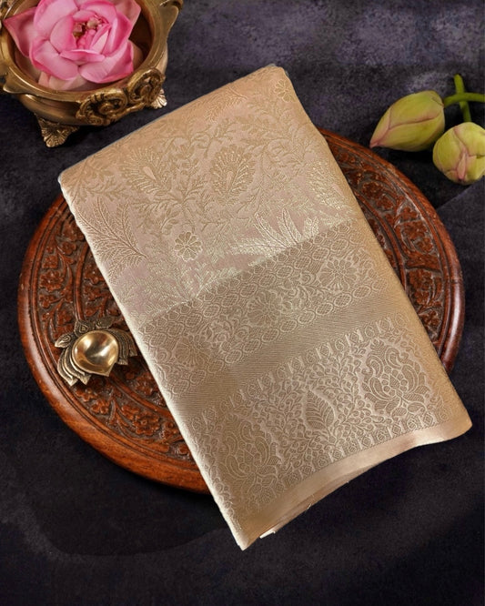 Peach Silver Kanchivaram Silk Saree with Floral Zari Weaving, Rich Pallu & Tissue Blouse