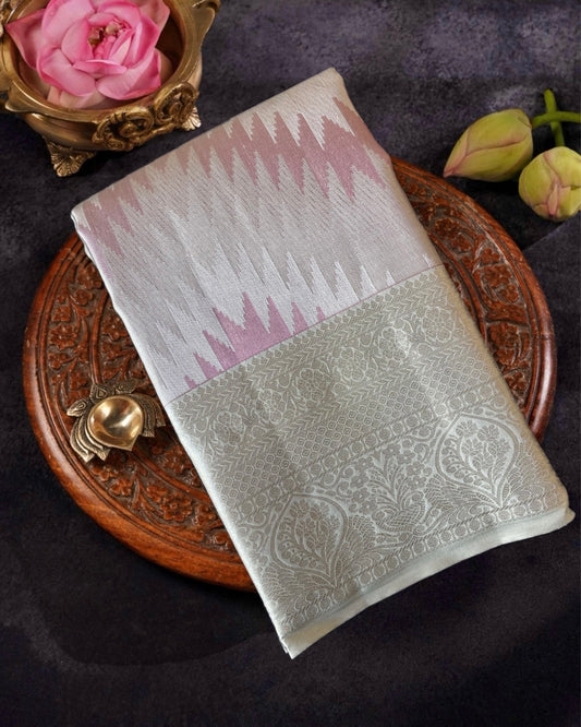 Silver Kanchivaram Silk Saree with Purple Zari Contemporary Weave  & Rich Pallu