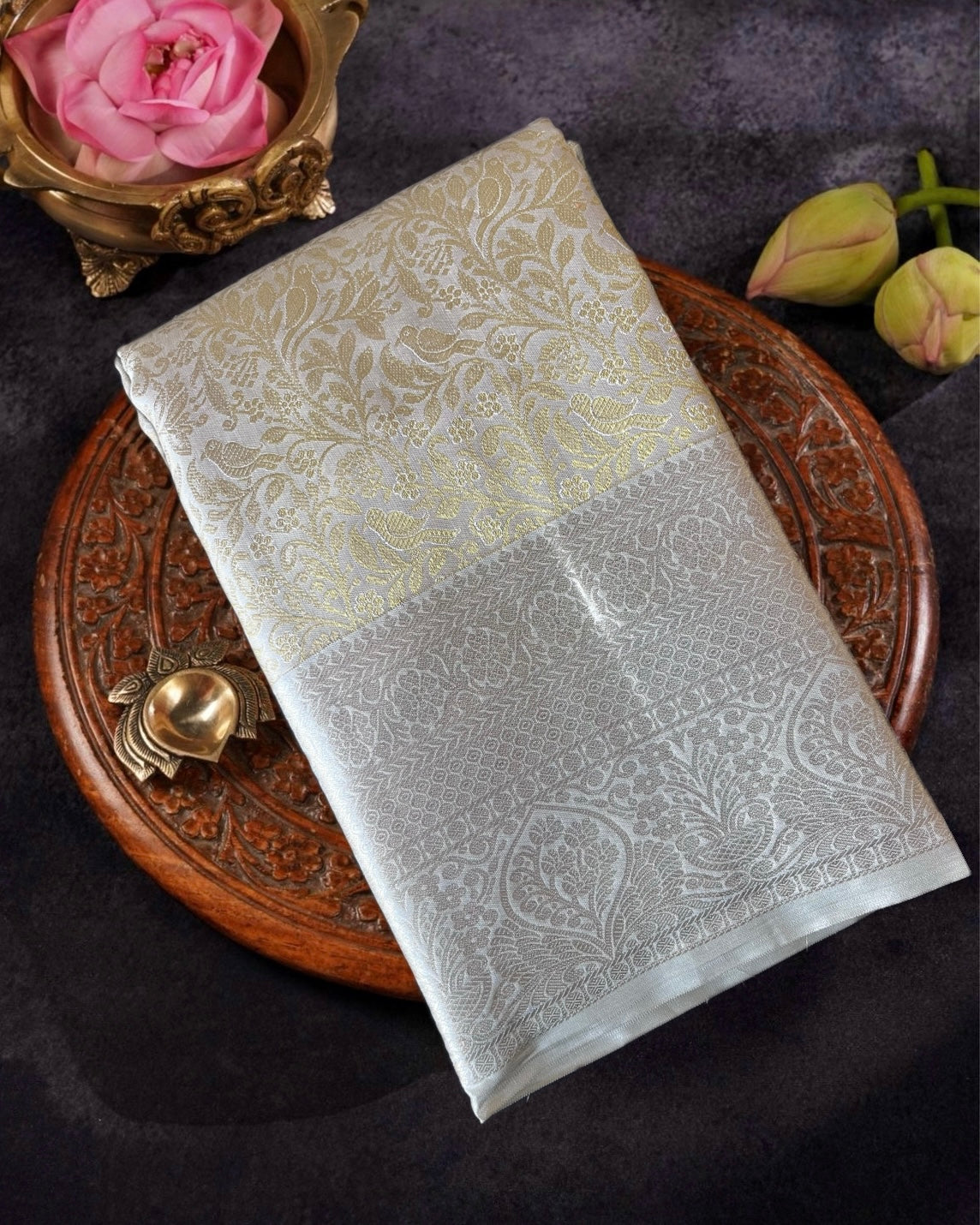 gold and silver tissue silk saree